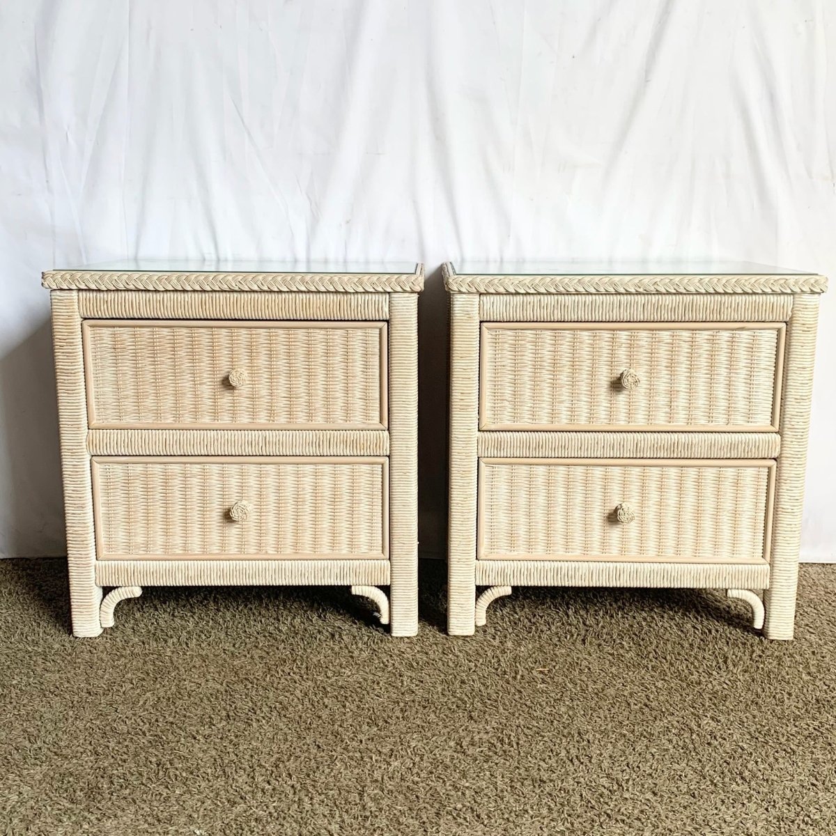 Boho Coastal White Wash Henry Link Wicker Nighstands by Lexington - A Pair - Dolphin & Flamingo