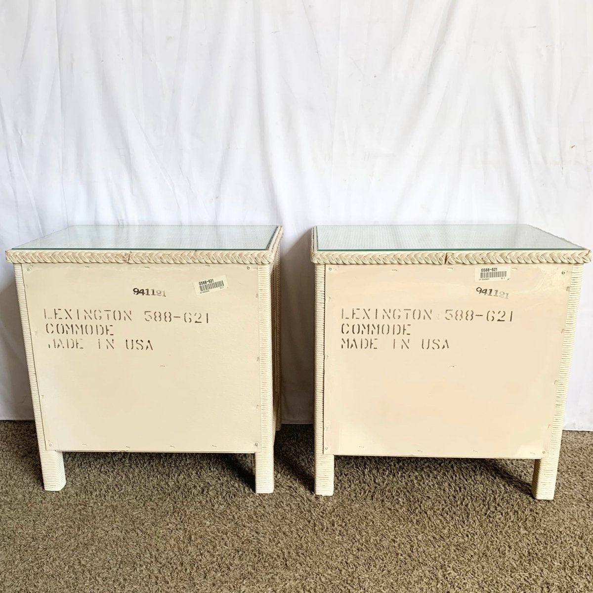 Boho Coastal White Wash Henry Link Wicker Nighstands by Lexington - A Pair - Dolphin & Flamingo