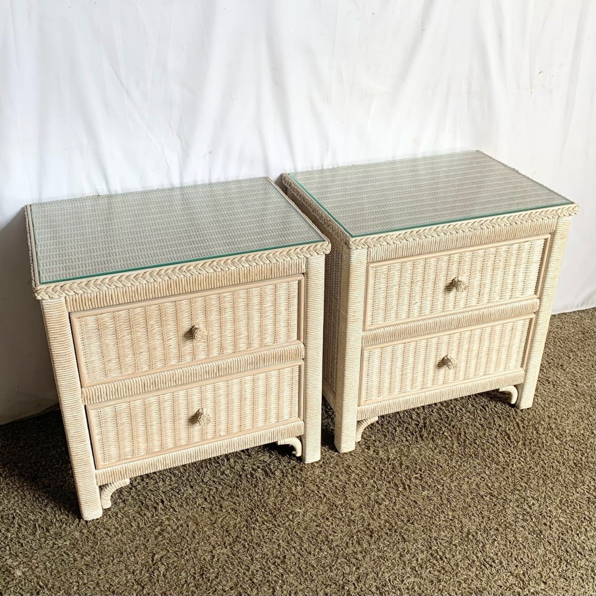 Boho Coastal White Wash Henry Link Wicker Nighstands by Lexington - A Pair - Dolphin & Flamingo