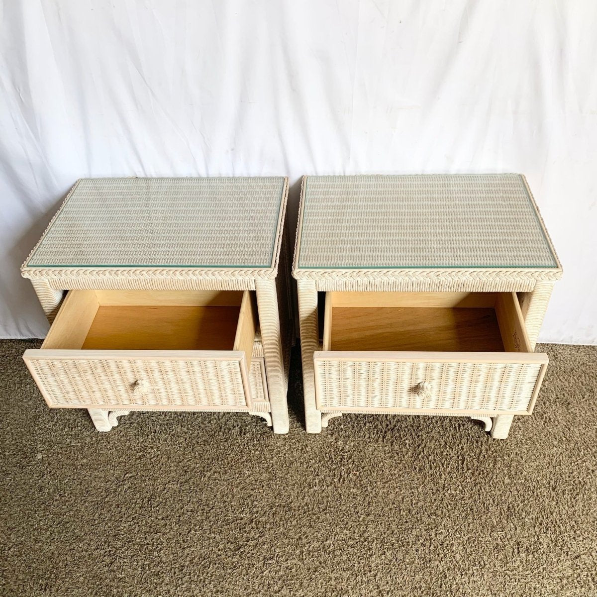 Boho Coastal White Wash Henry Link Wicker Nighstands by Lexington - A Pair - Dolphin & Flamingo