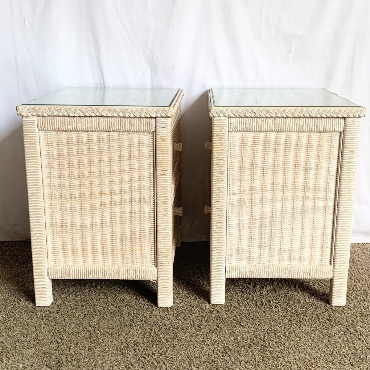 Boho Coastal White Wash Henry Link Wicker Nighstands by Lexington - A Pair - Dolphin & Flamingo