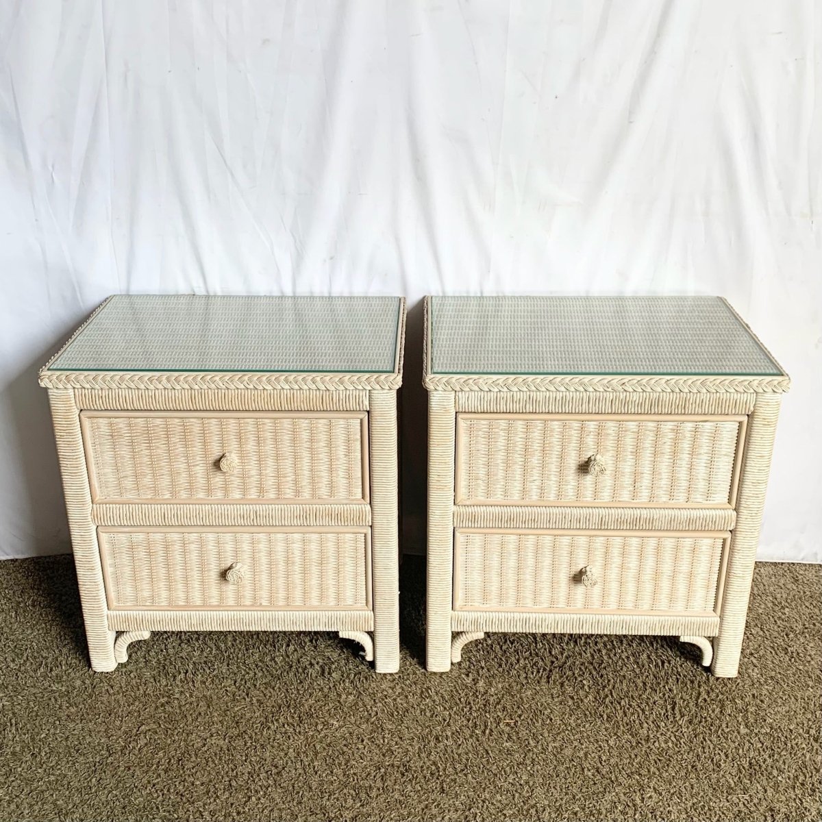 Boho Coastal White Wash Henry Link Wicker Nighstands by Lexington - A Pair - Dolphin & Flamingo