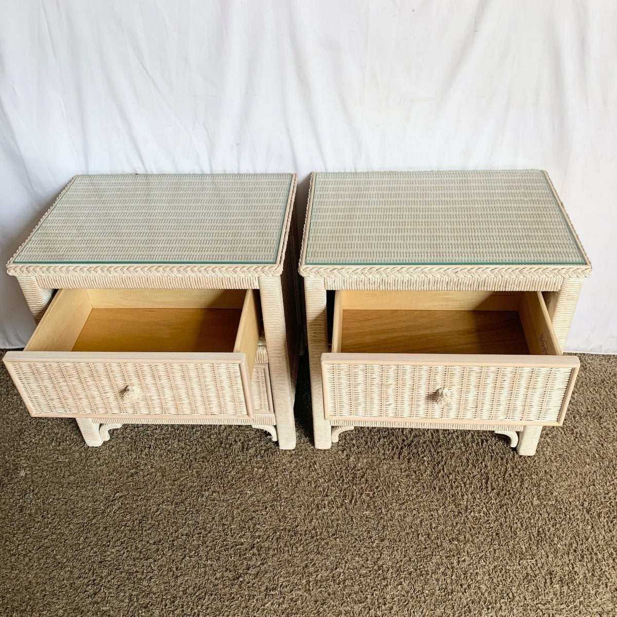Boho Coastal White Wash Henry Link Wicker Nighstands by Lexington - A Pair - Dolphin & Flamingo