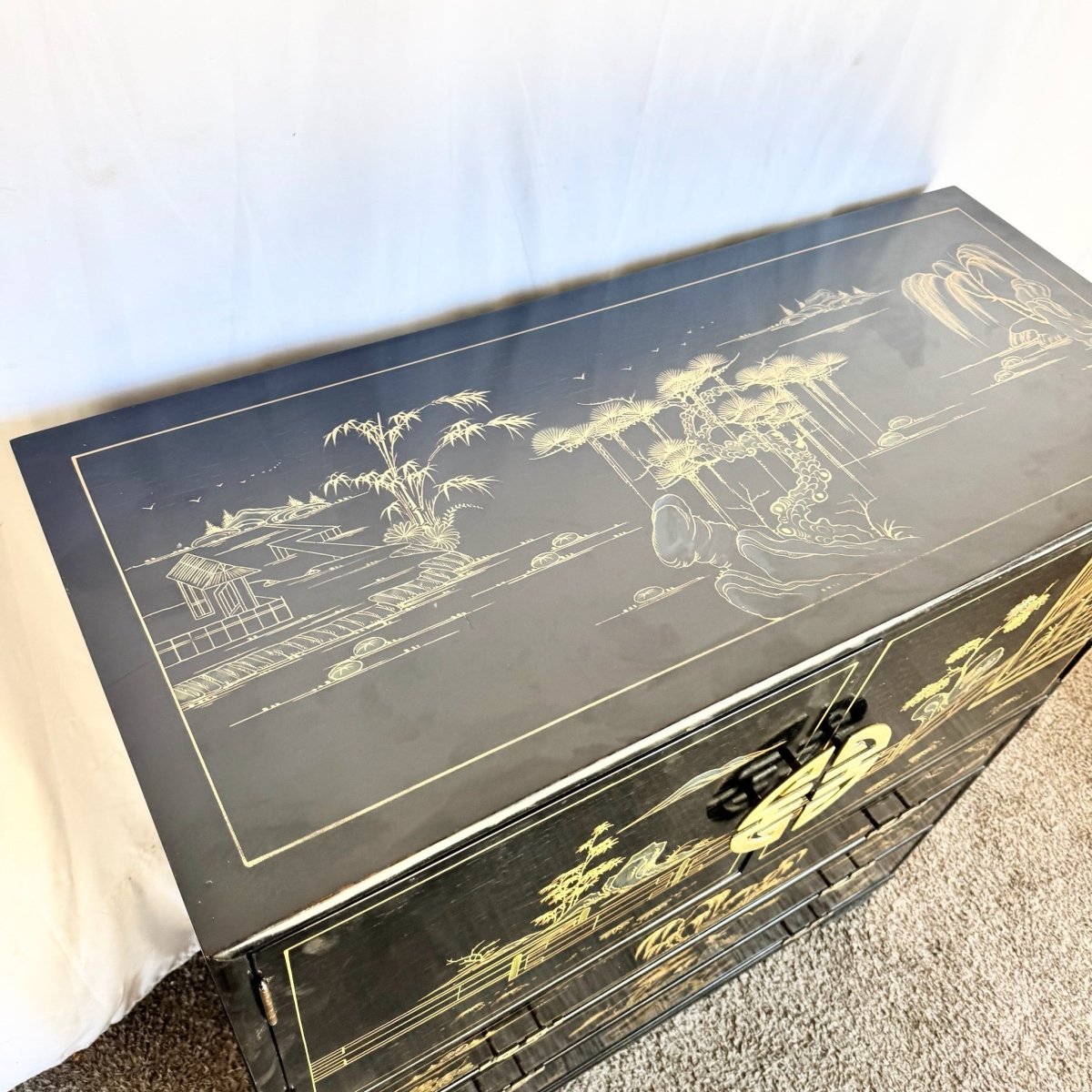 Chinese Black and Gold Hand Painted Highboy With Red Velvet - Dolphin & Flamingo