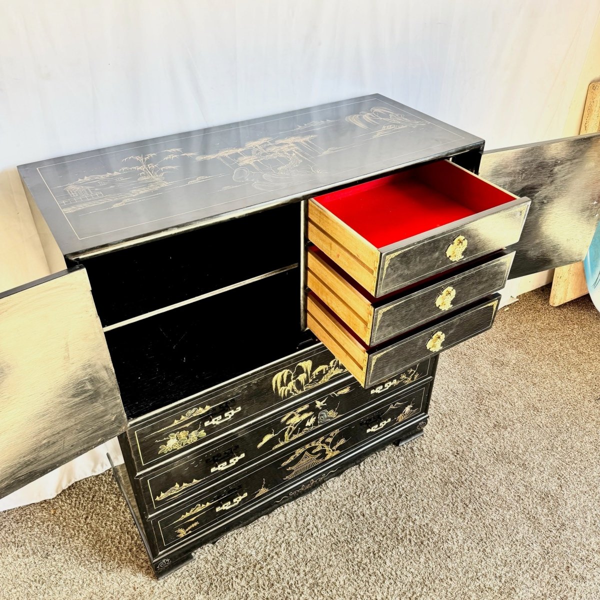 Chinese Black and Gold Hand Painted Highboy With Red Velvet - Dolphin & Flamingo