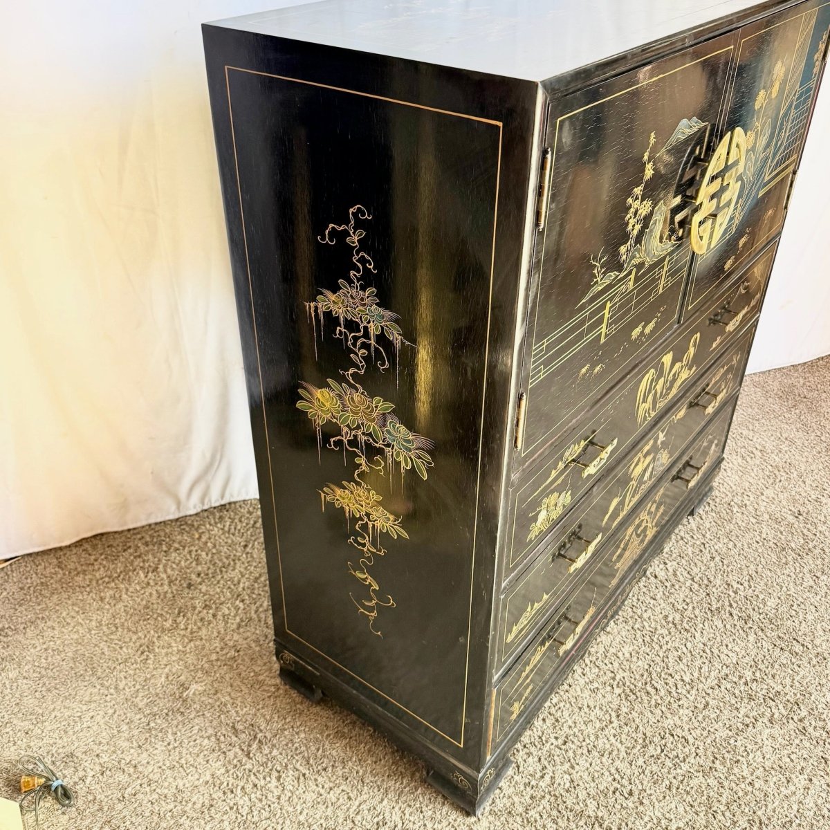 Chinese Black and Gold Hand Painted Highboy With Red Velvet - Dolphin & Flamingo