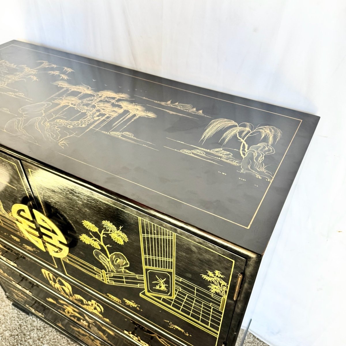 Chinese Black and Gold Hand Painted Highboy With Red Velvet - Dolphin & Flamingo