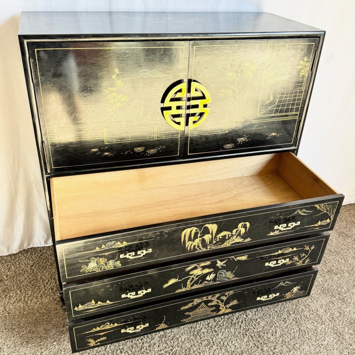 Chinese Black and Gold Hand Painted Highboy With Red Velvet - Dolphin & Flamingo