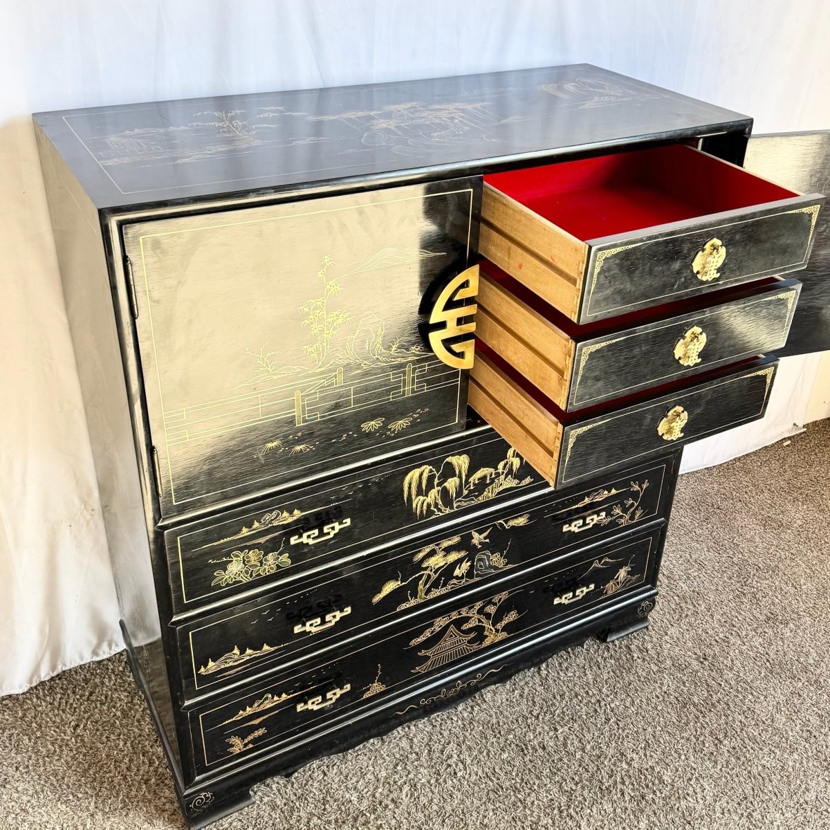 Chinese Black and Gold Hand Painted Highboy With Red Velvet - Dolphin & Flamingo