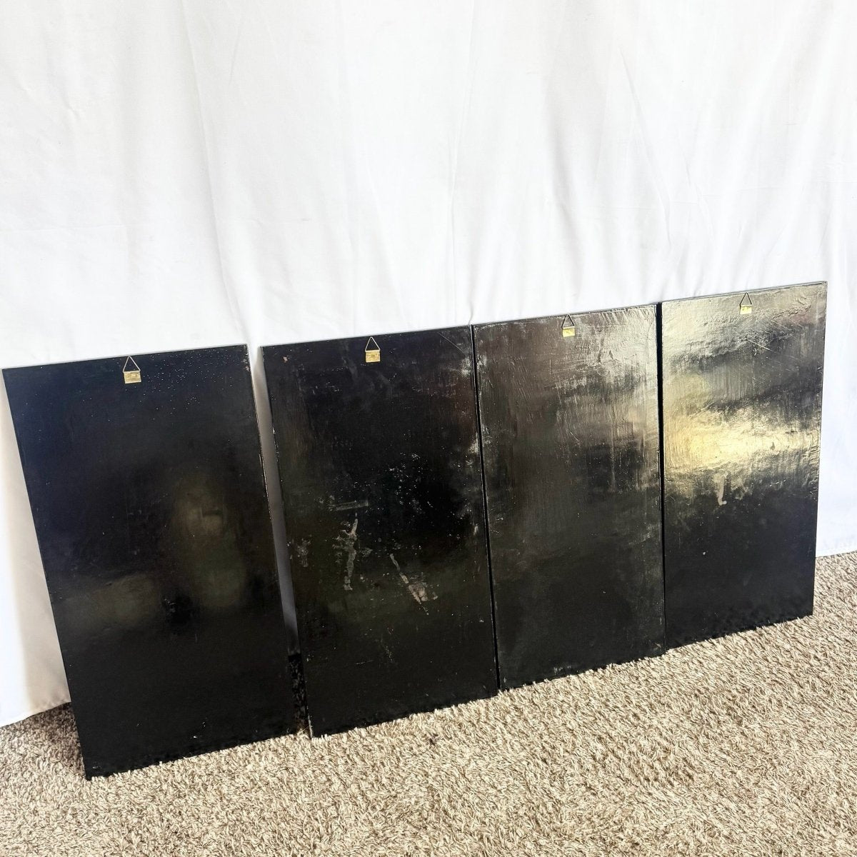 Chinese Black Lacquered Mother of Pearl Inlayed Panels - Set of 4 - Dolphin & Flamingo