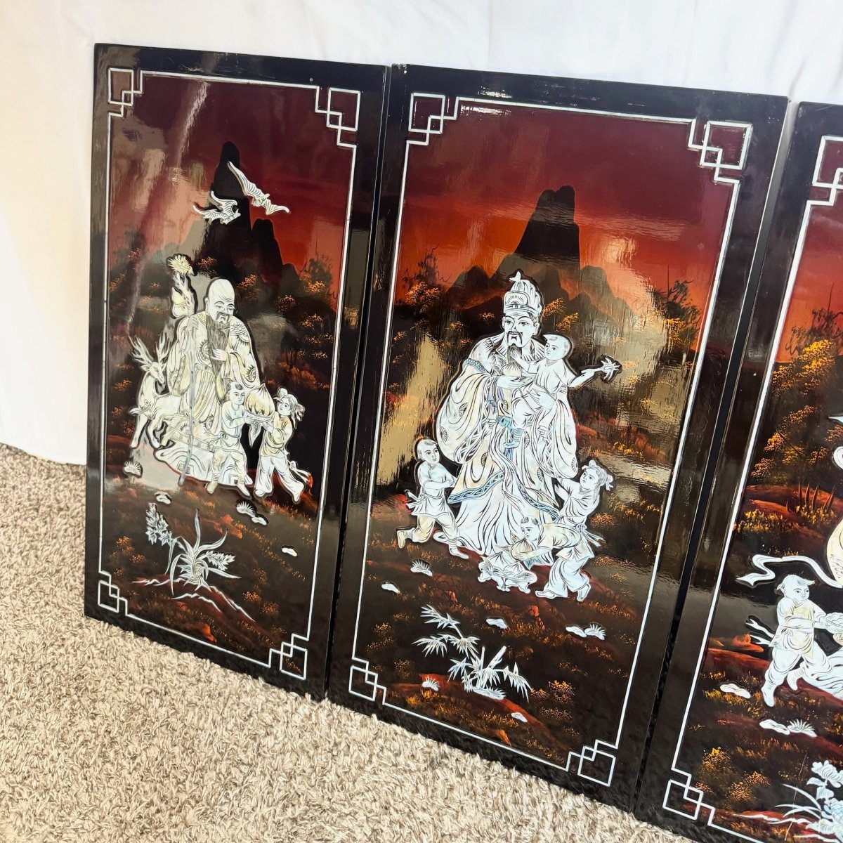 Chinese Black Lacquered Mother of Pearl Inlayed Panels - Set of 4 - Dolphin & Flamingo