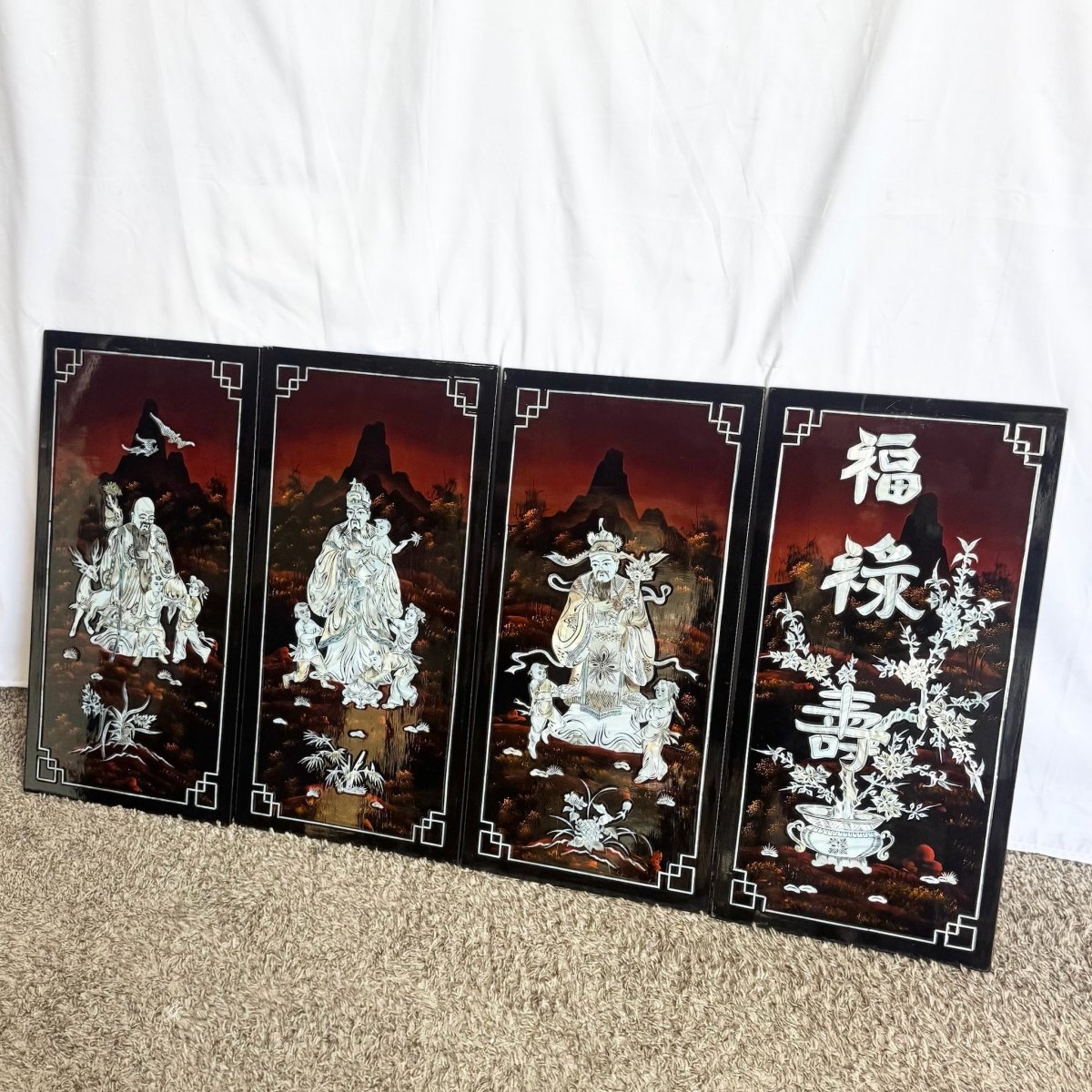 Chinese Black Lacquered Mother of Pearl Inlayed Panels - Set of 4 - Dolphin & Flamingo