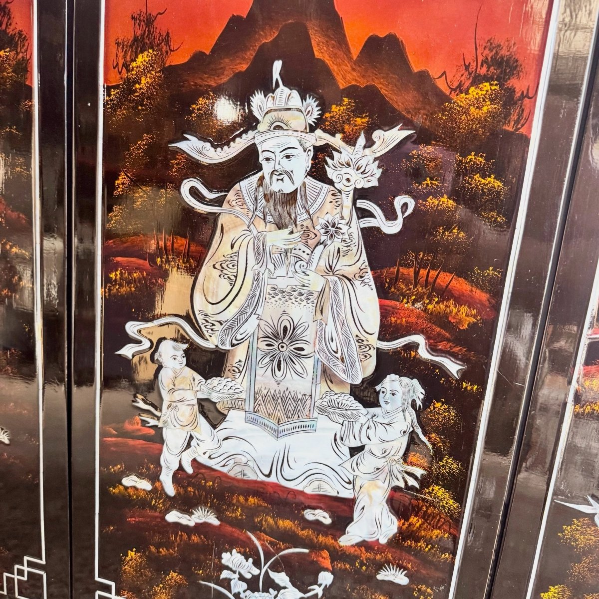 Chinese Black Lacquered Mother of Pearl Inlayed Panels - Set of 4 - Dolphin & Flamingo