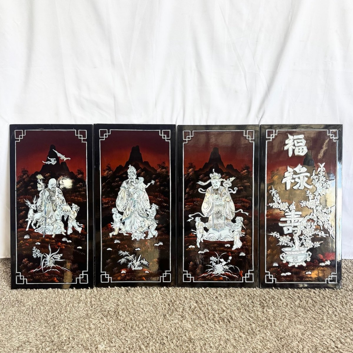 Chinese Black Lacquered Mother of Pearl Inlayed Panels - Set of 4 - Dolphin & Flamingo