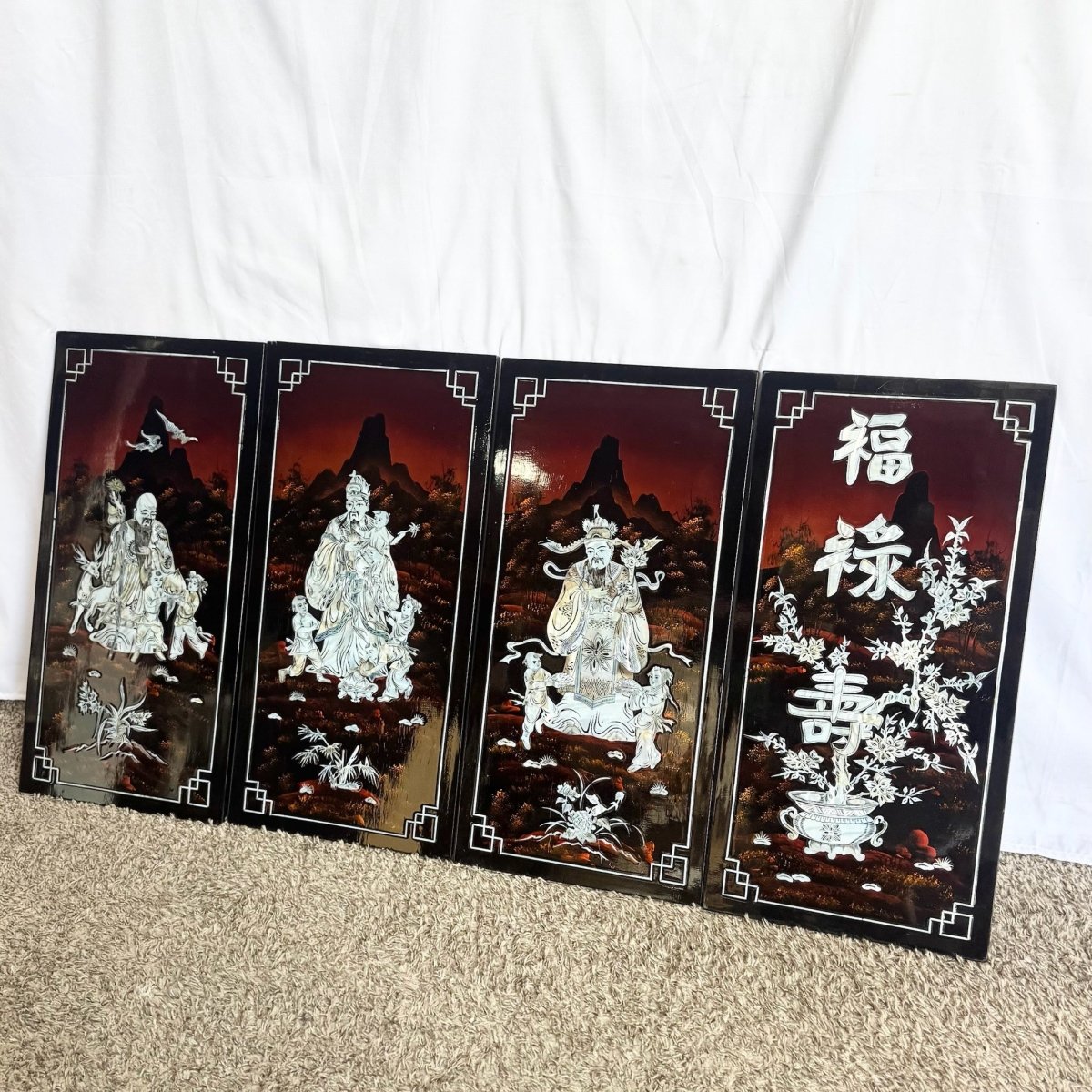 Chinese Black Lacquered Mother of Pearl Inlayed Panels - Set of 4 - Dolphin & Flamingo