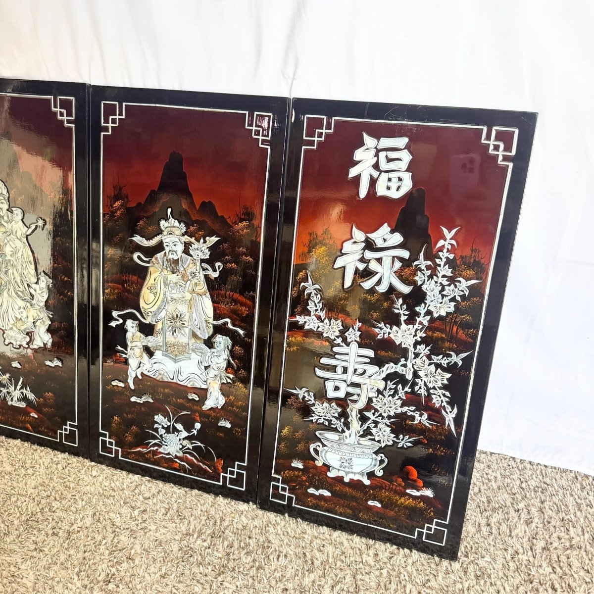 Chinese Black Lacquered Mother of Pearl Inlayed Panels - Set of 4 - Dolphin & Flamingo
