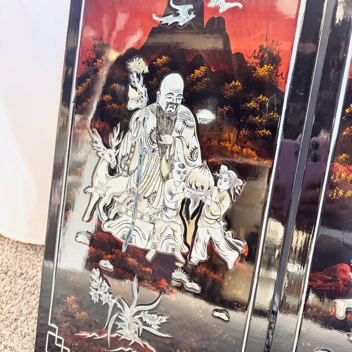 Chinese Black Lacquered Mother of Pearl Inlayed Panels - Set of 4 - Dolphin & Flamingo