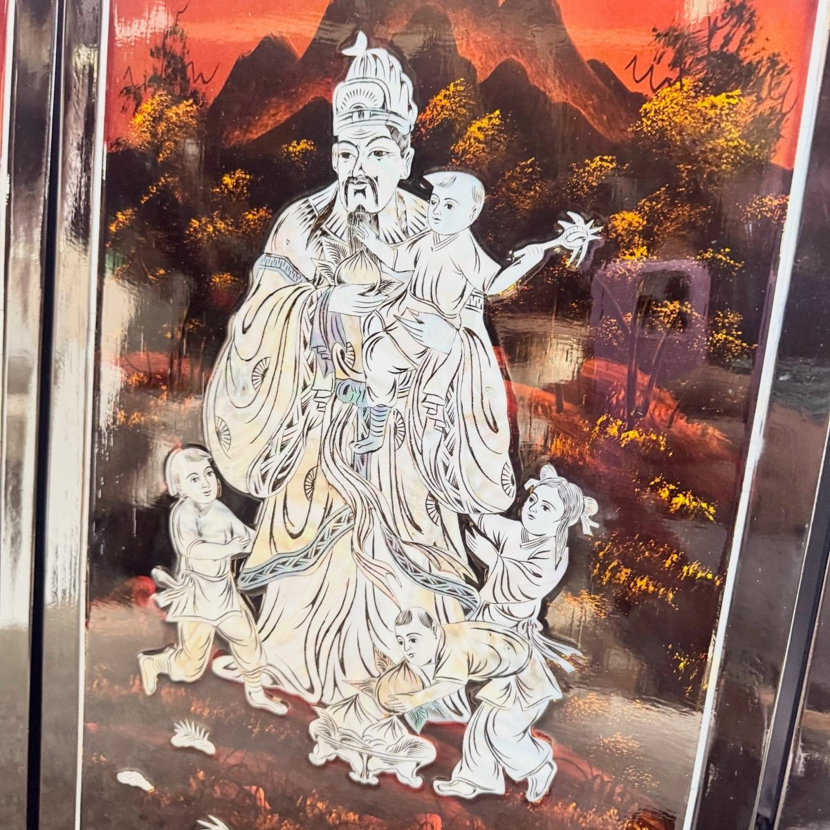 Chinese Black Lacquered Mother of Pearl Inlayed Panels - Set of 4 - Dolphin & Flamingo