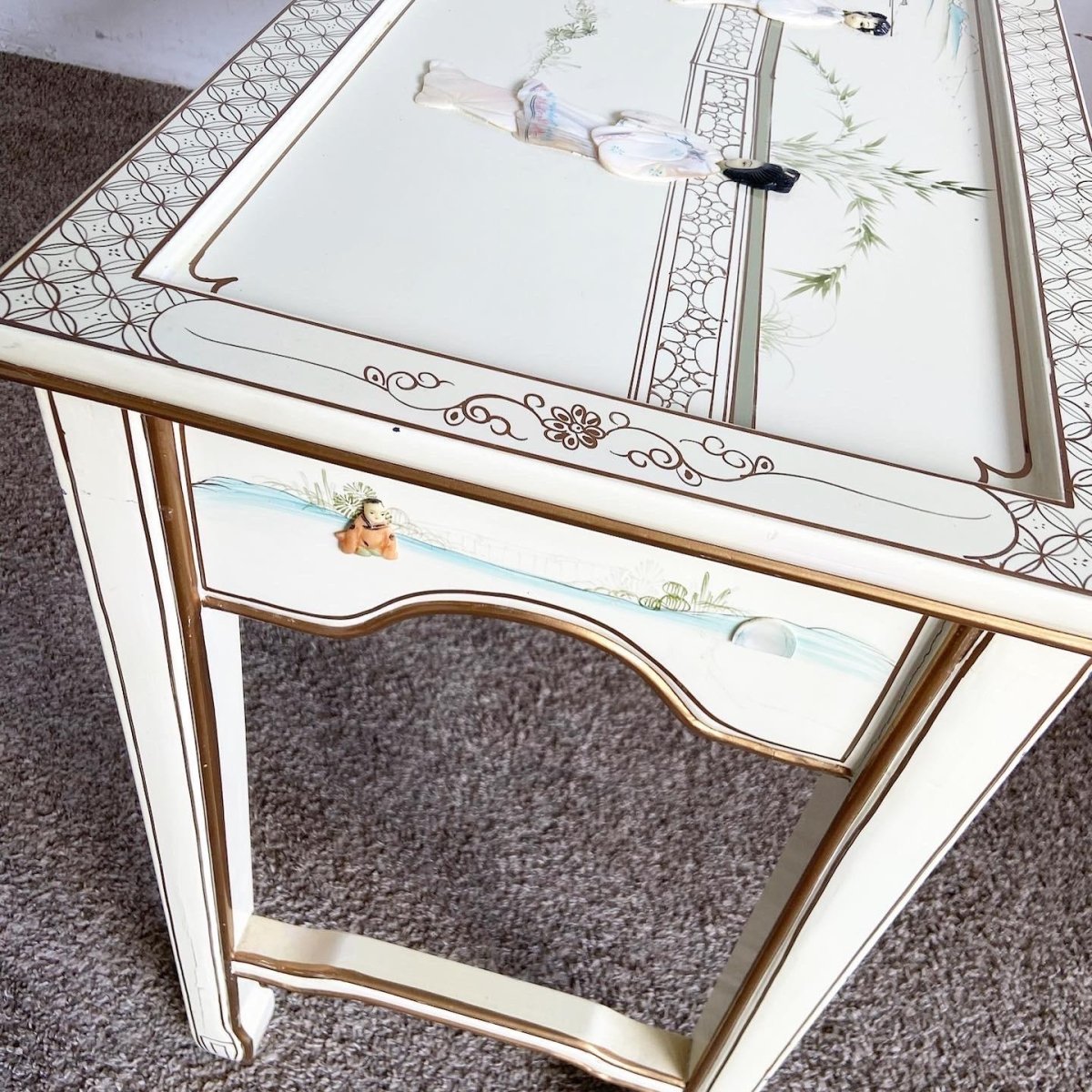 Chinese Cream Lacquered and Hand Painted Console Table - Dolphin & Flamingo