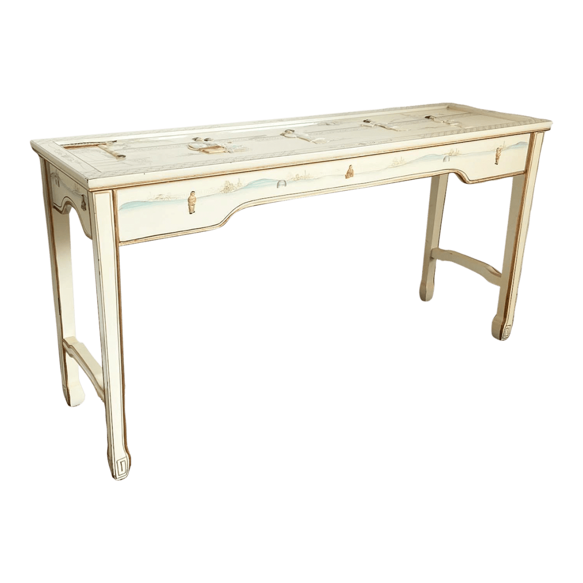 Chinese Cream Lacquered and Hand Painted Console Table - Dolphin & Flamingo