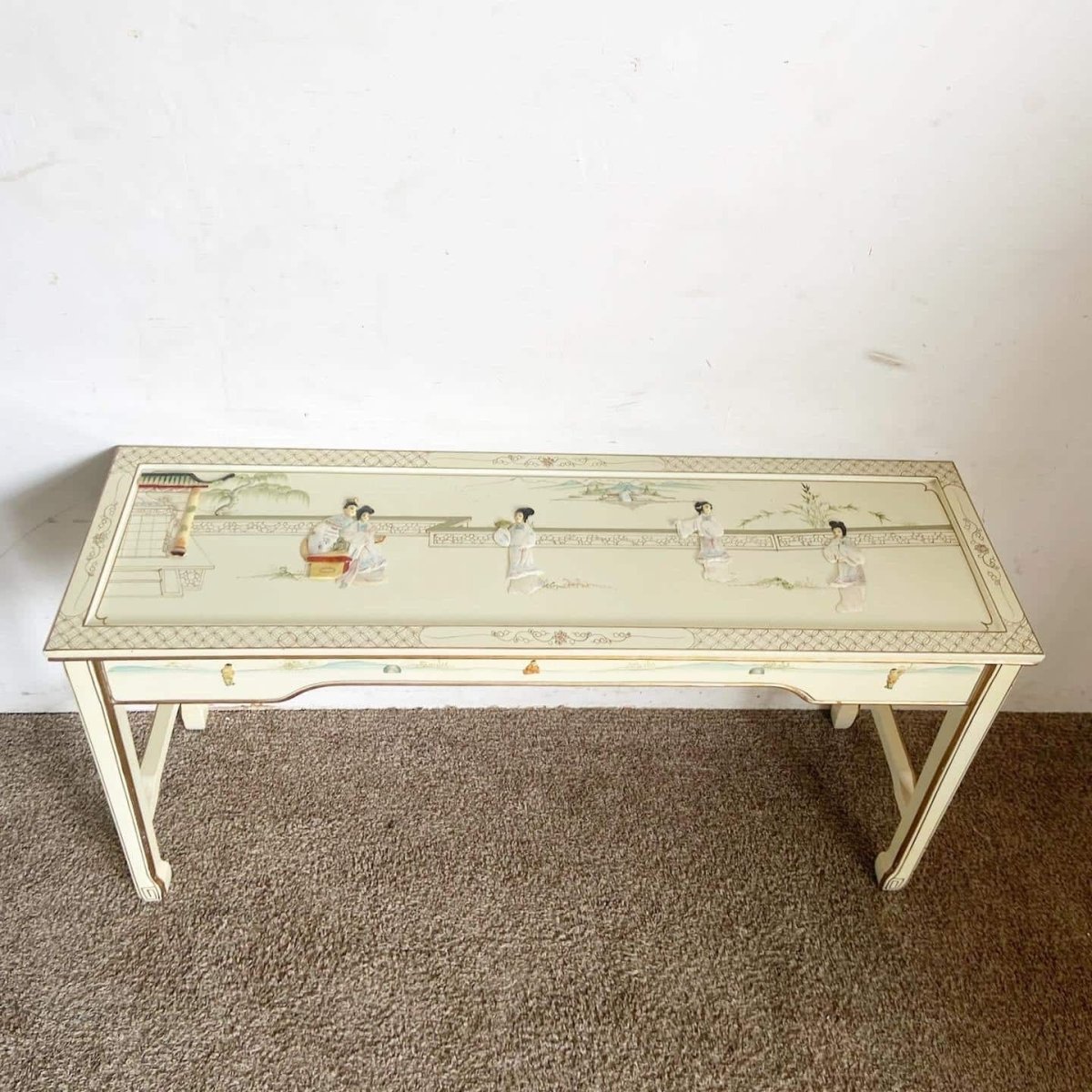 Chinese Cream Lacquered and Hand Painted Console Table - Dolphin & Flamingo