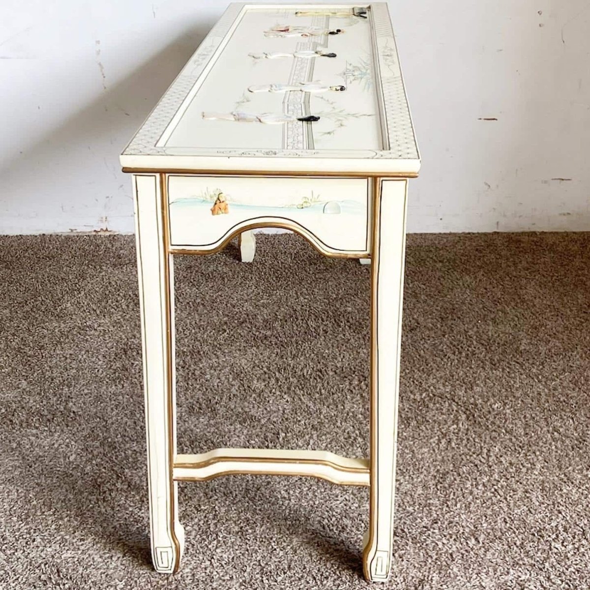 Chinese Cream Lacquered and Hand Painted Console Table - Dolphin & Flamingo