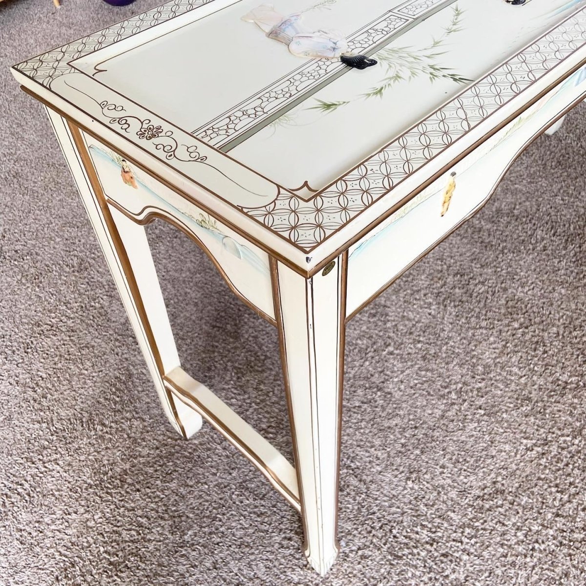 Chinese Cream Lacquered and Hand Painted Console Table - Dolphin & Flamingo