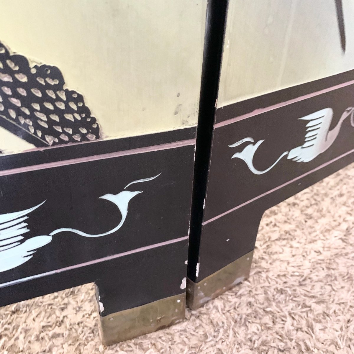 Chinese Hand Carved and Painted Gold and Black Room Divider/Screen - Dolphin & Flamingo