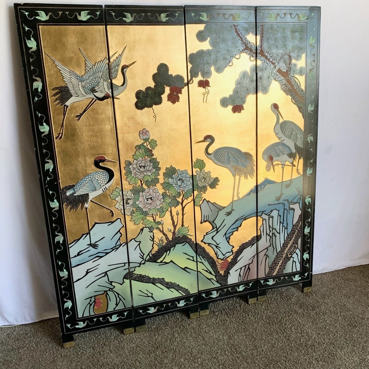 Chinese Hand Carved and Painted Gold and Black Room Divider/Screen - Dolphin & Flamingo