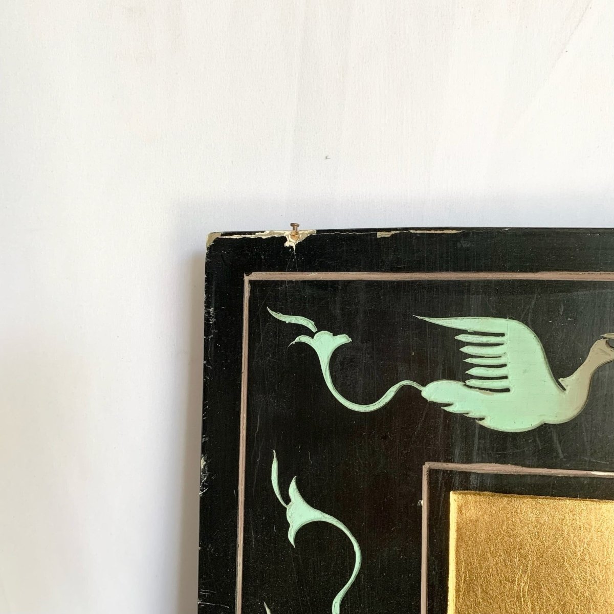 Chinese Hand Carved and Painted Gold and Black Room Divider/Screen - Dolphin & Flamingo