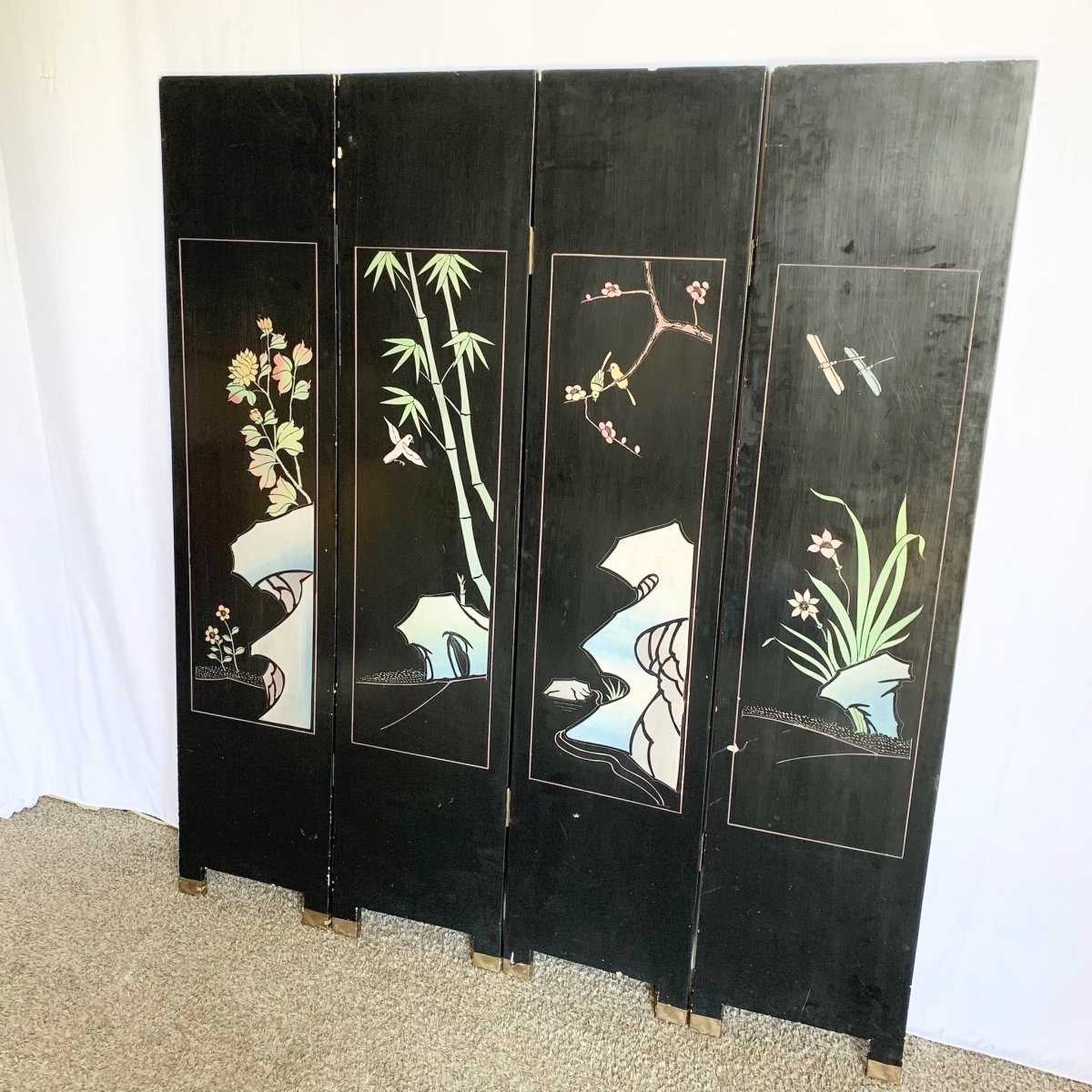 Chinese Hand Carved and Painted Gold and Black Room Divider/Screen - Dolphin & Flamingo