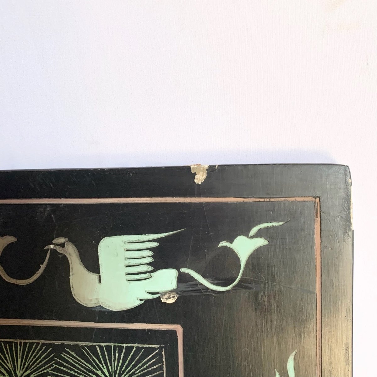 Chinese Hand Carved and Painted Gold and Black Room Divider/Screen - Dolphin & Flamingo
