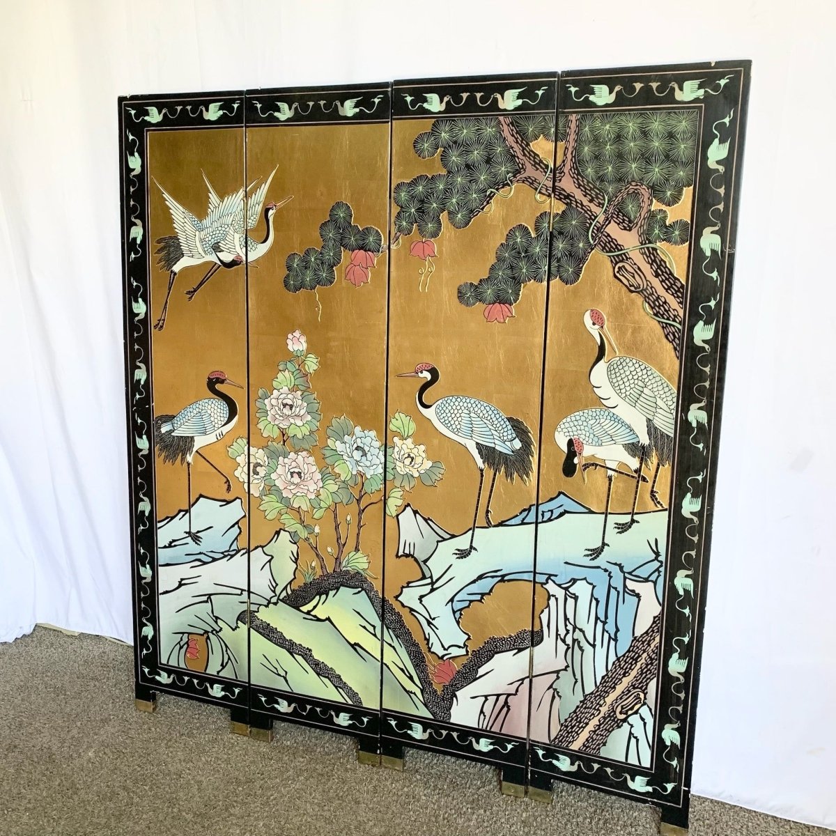 Chinese Hand Carved and Painted Gold and Black Room Divider/Screen - Dolphin & Flamingo