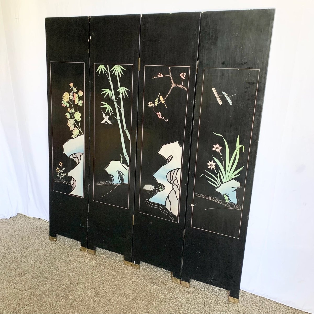 Chinese Hand Carved and Painted Gold and Black Room Divider/Screen - Dolphin & Flamingo