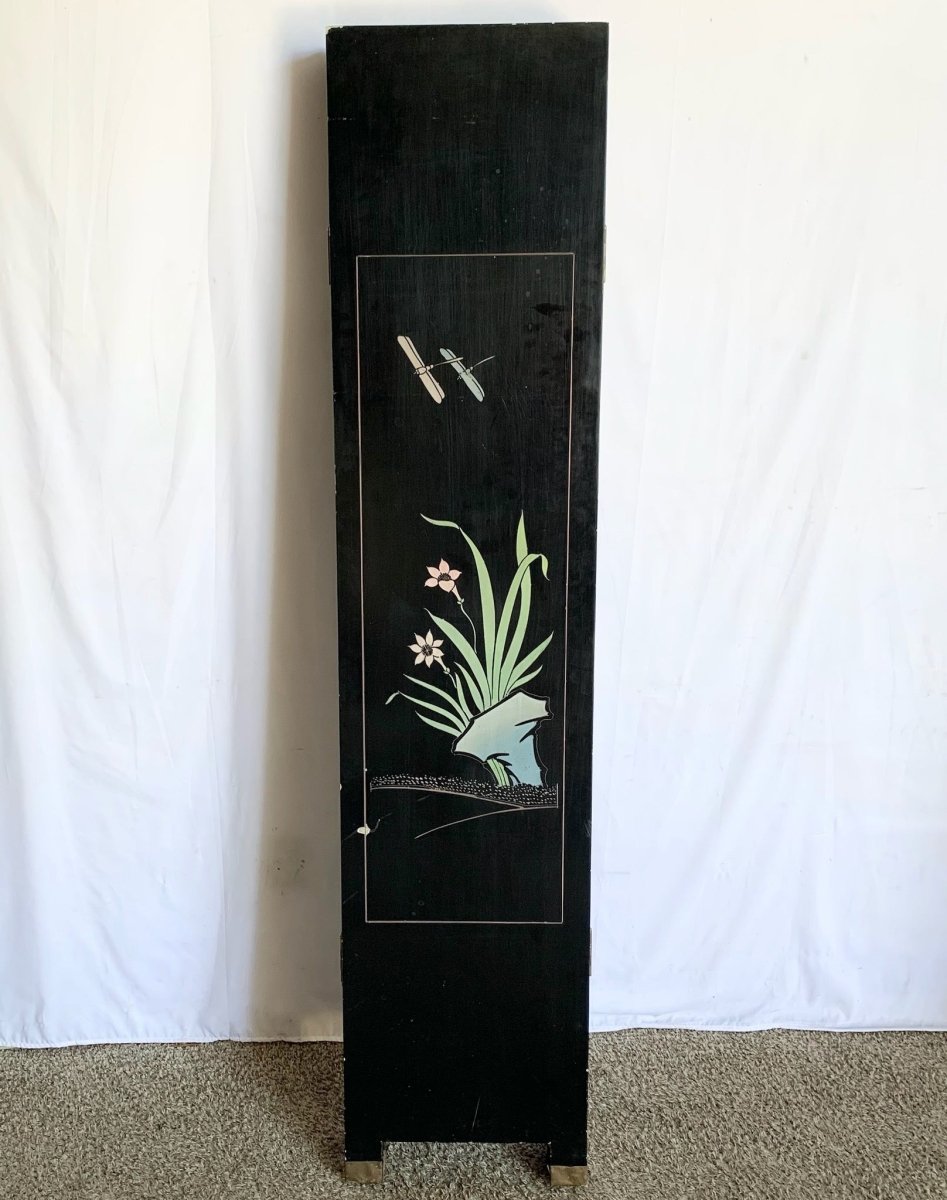 Chinese Hand Carved and Painted Gold and Black Room Divider/Screen - Dolphin & Flamingo