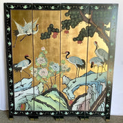 Chinese Hand Carved and Painted Gold and Black Room Divider/Screen - Dolphin & Flamingo