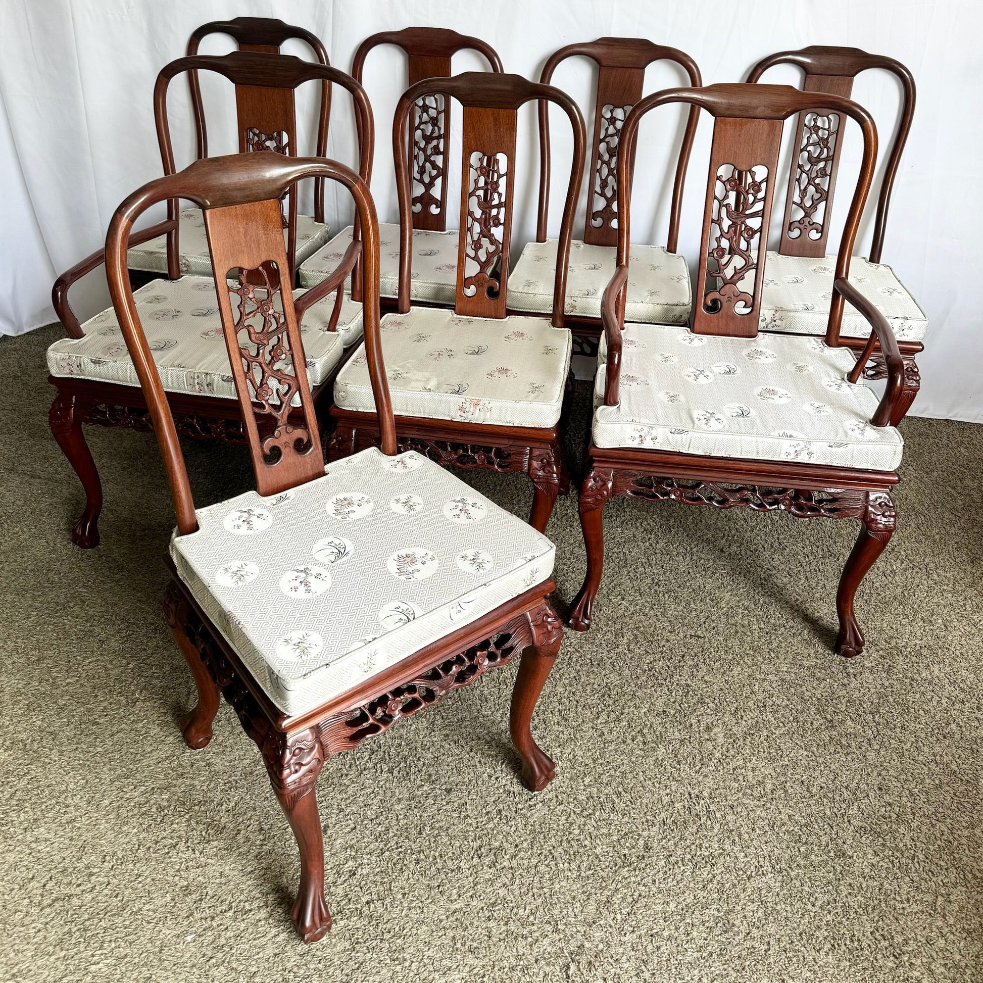 Chinese Hand Carved Rosewood Ball in Claw Dining Chairs - Set of 8 - Dolphin & Flamingo
