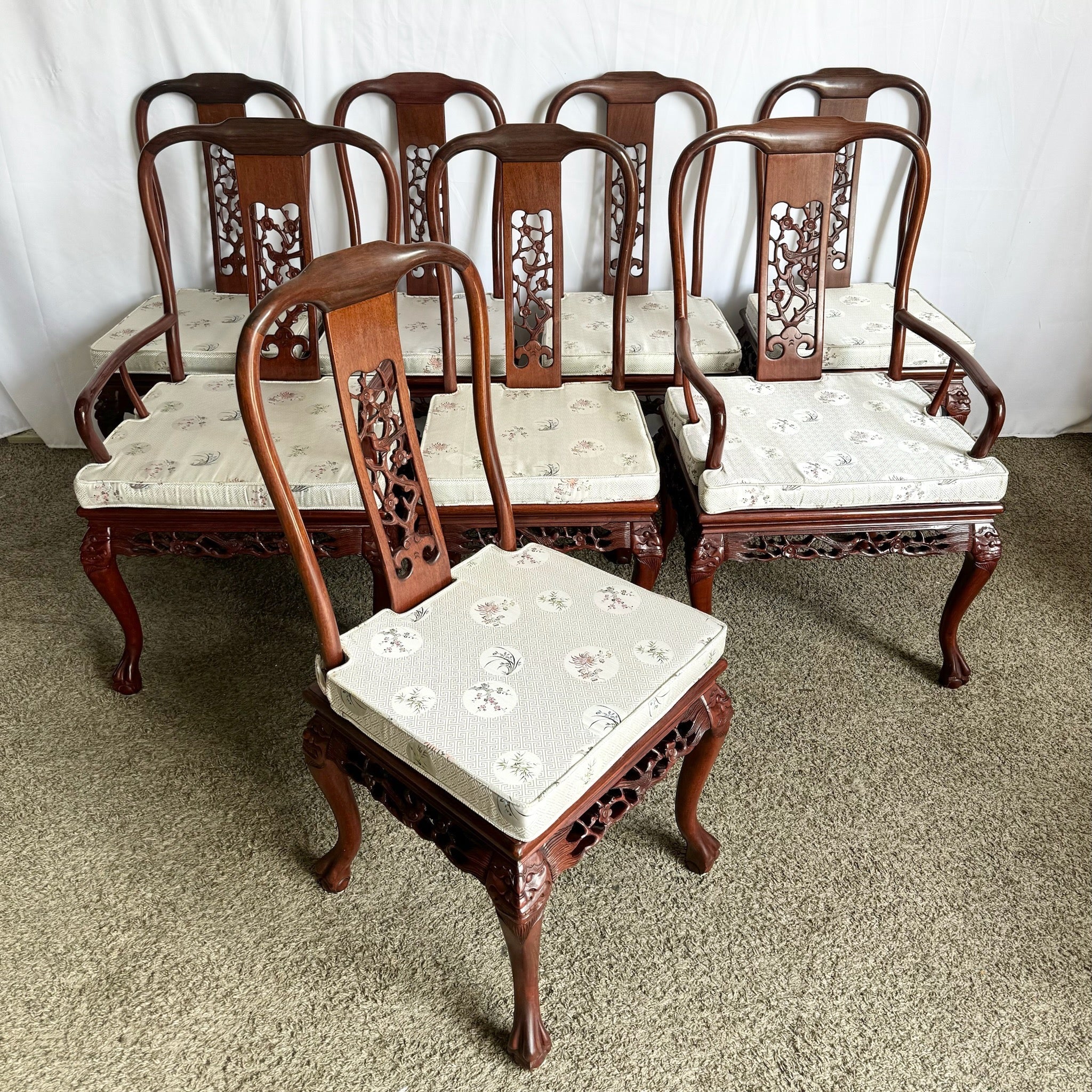 Chinese Hand Carved Rosewood Ball in Claw Dining Chairs - Set of 8 - Dolphin & Flamingo