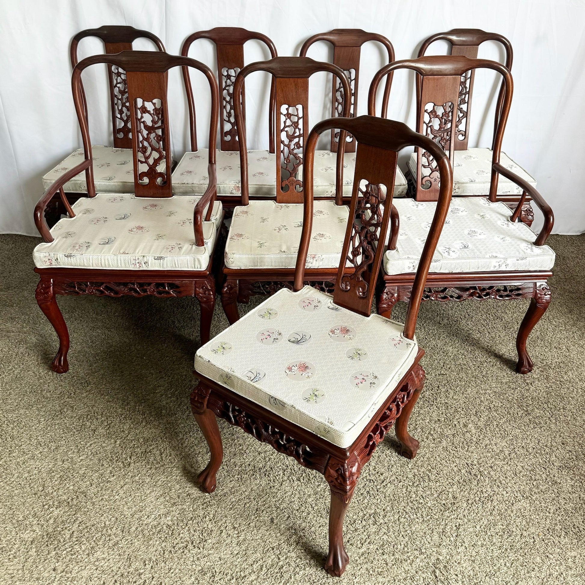 Chinese Hand Carved Rosewood Ball in Claw Dining Chairs - Set of 8 - Dolphin & Flamingo