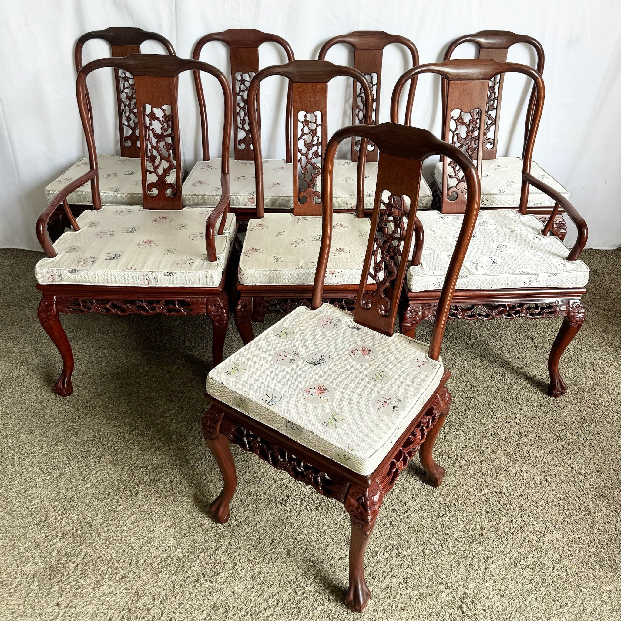 Chinese Hand Carved Rosewood Ball in Claw Dining Chairs - Set of 8 - Dolphin & Flamingo