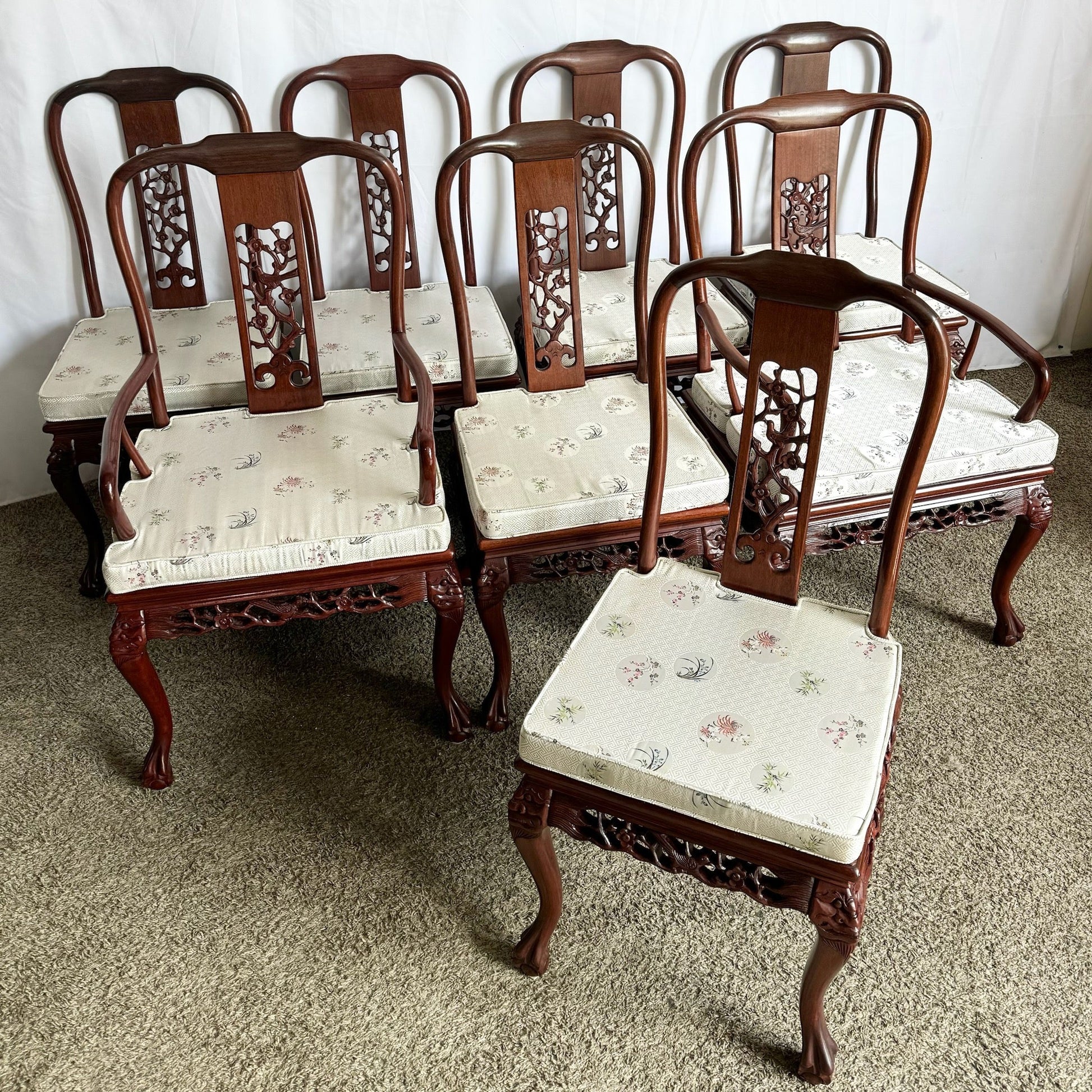 Chinese Hand Carved Rosewood Ball in Claw Dining Chairs - Set of 8 - Dolphin & Flamingo