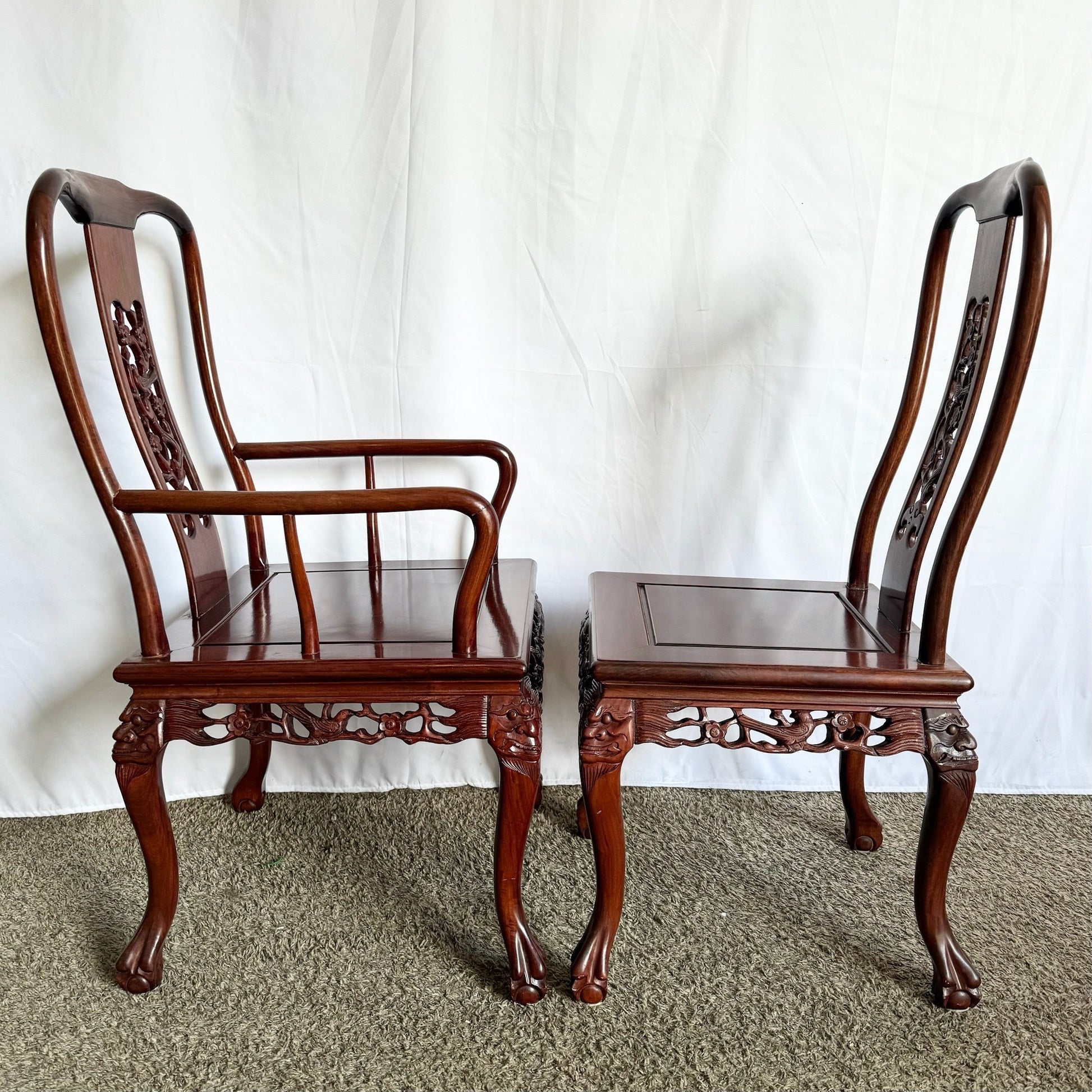 Chinese Hand Carved Rosewood Ball in Claw Dining Chairs - Set of 8 - Dolphin & Flamingo