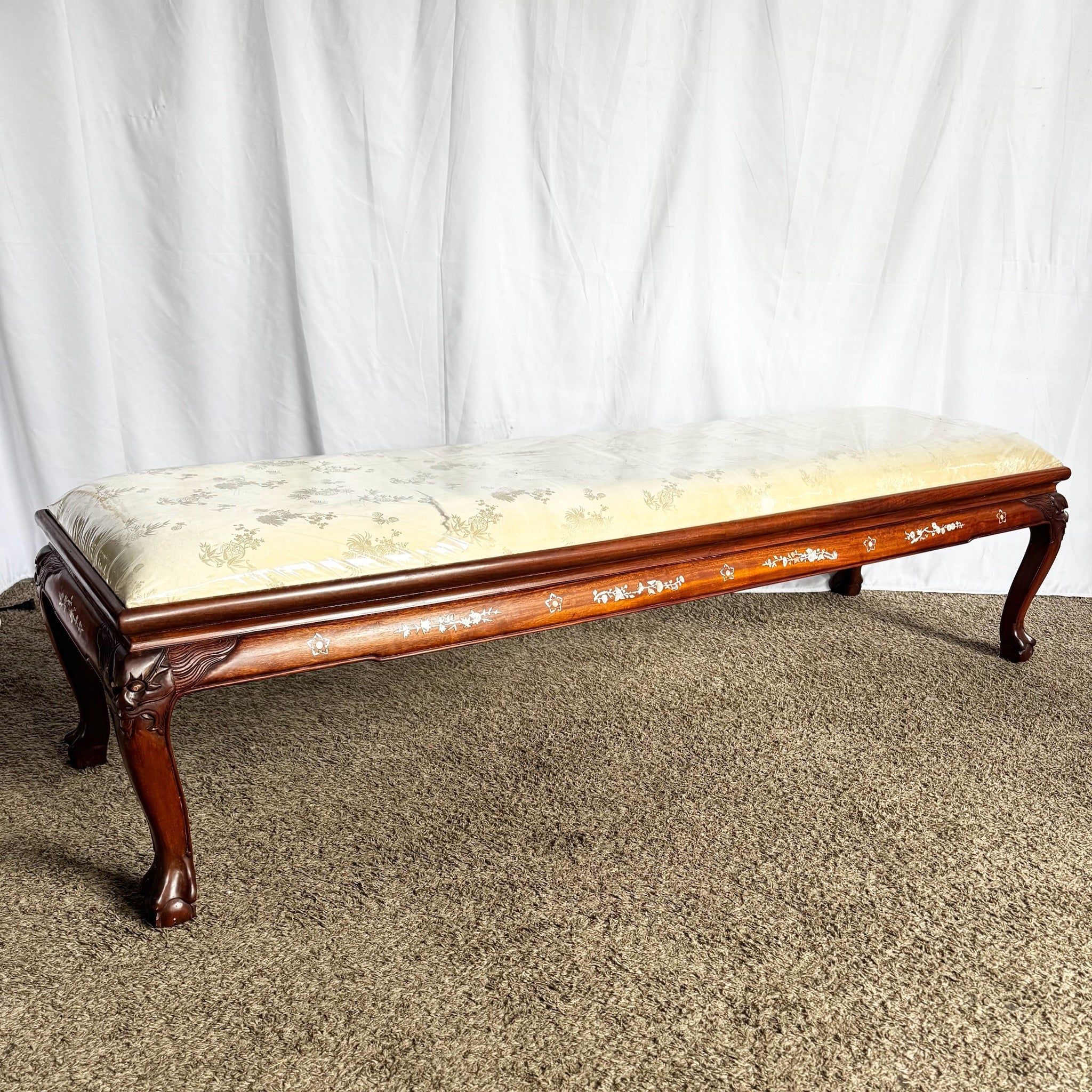 Chinese Hand Carved Rosewood Bemch With Mother of Pearl Inlay - Dolphin & Flamingo