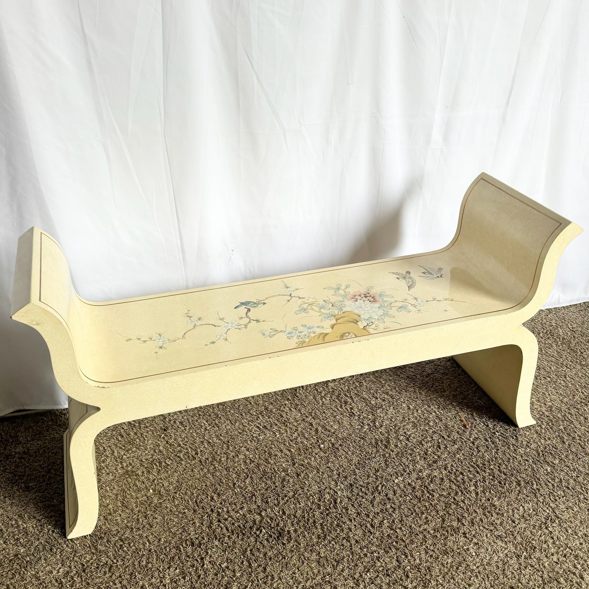Chinese Hand Painted Birds and Flowers Cream and Gold Bench - Dolphin & Flamingo