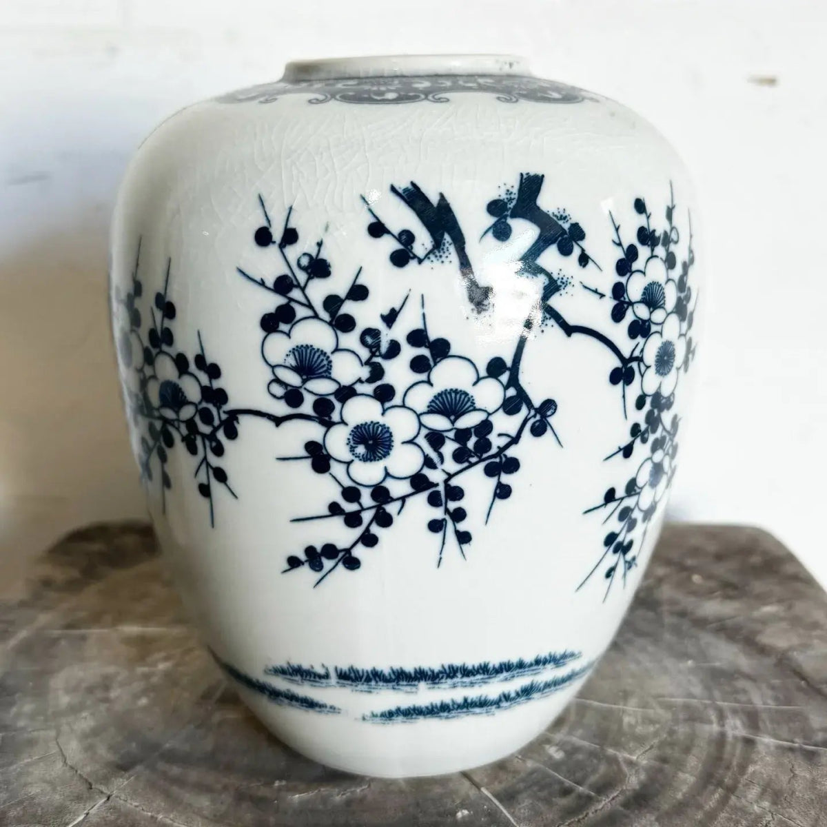 Chinese Hand Painted Blue and White Porcelain Vase - Dolphin & Flamingo