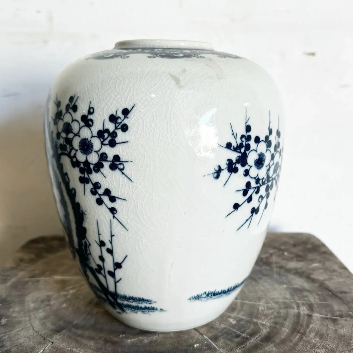 Chinese Hand Painted Blue and White Porcelain Vase - Dolphin & Flamingo