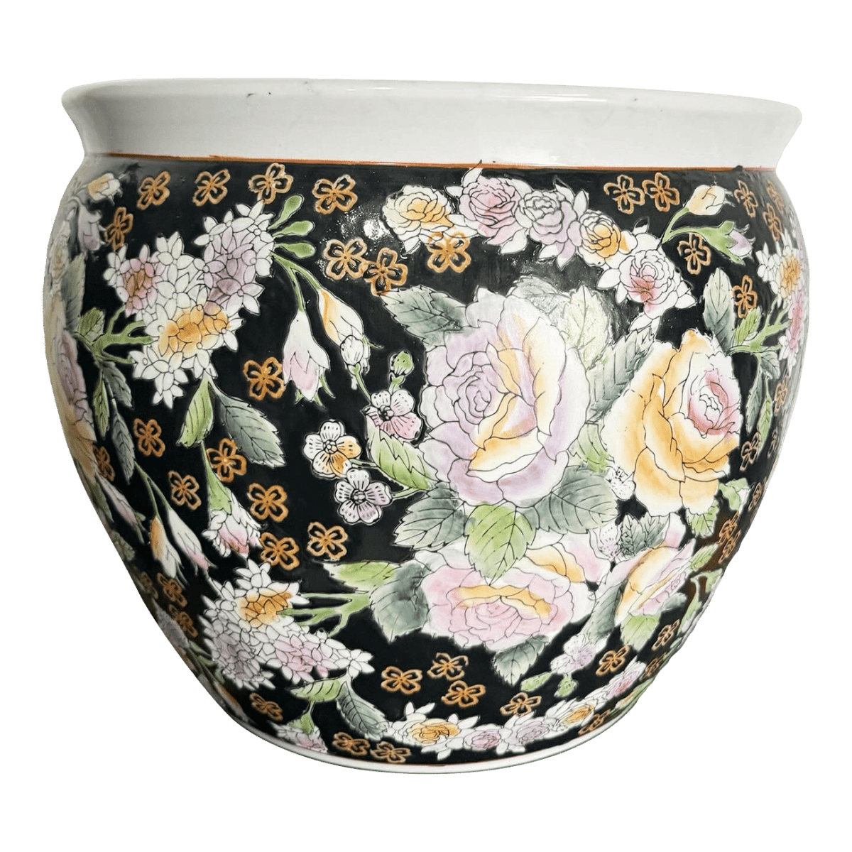 Chinese Hand Painted Floral Fish Bowl Vase - Dolphin & Flamingo