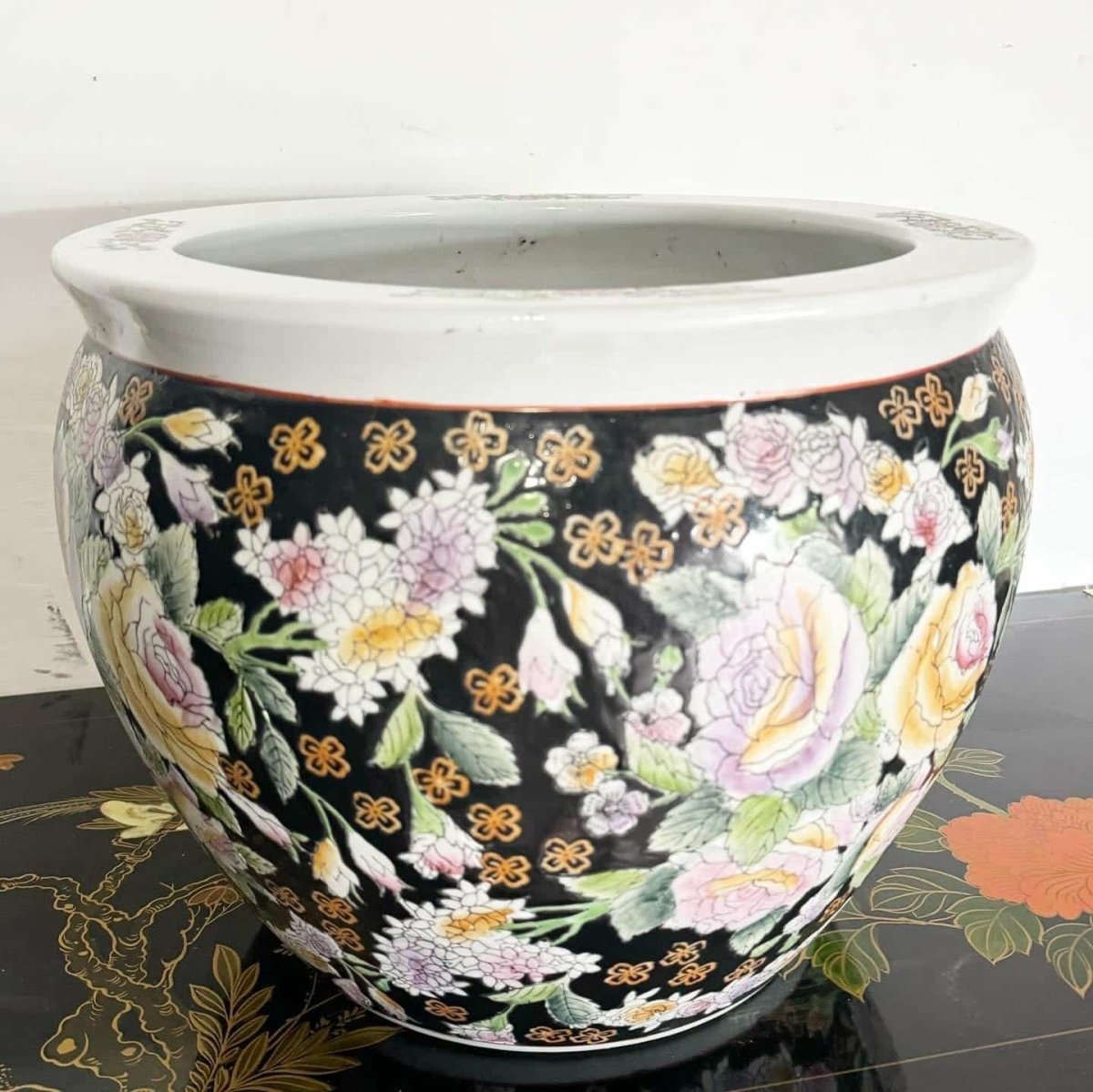 Chinese Hand Painted Floral Fish Bowl Vase - Dolphin & Flamingo