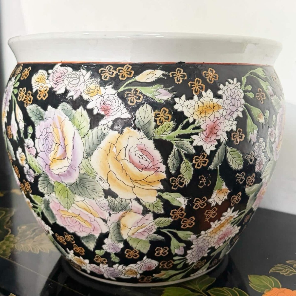 Chinese Hand Painted Floral Fish Bowl Vase - Dolphin & Flamingo