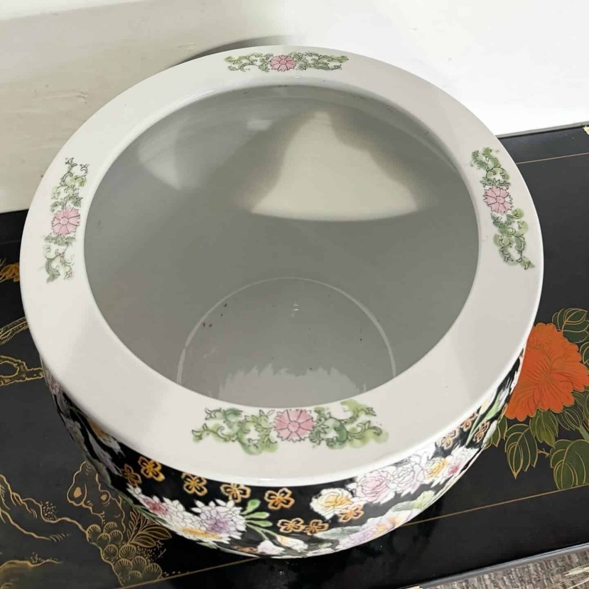 Chinese Hand Painted Floral Fish Bowl Vase - Dolphin & Flamingo